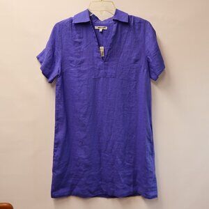 Madewell Women Size XS 100% Linen Mini Shift Dress V neck In Blue Star.